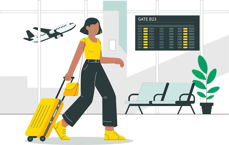 Vetor mulher caminhando pelo terminal do aeroporto com bagagem no portão
