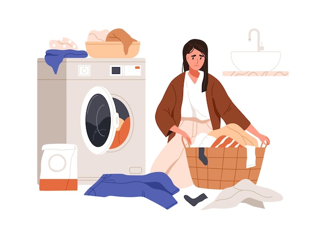 Mulher cansada com roupa a lavar Exausta mulher chateada durante o trabalho doméstico Triste sobrecarregada dona de casa carregando máquina de lavar fazendo trabalho doméstico Ilustração vetorial plana isolada em fundo branco