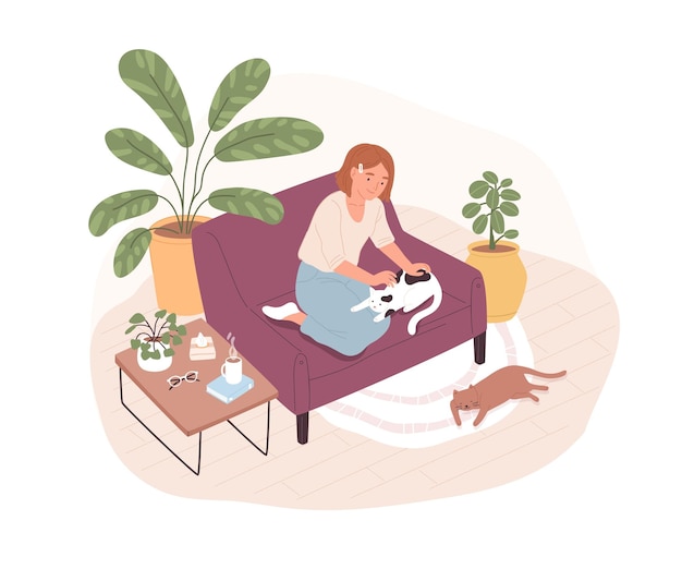 Mulher carinhosa acariciando gato bonito sentado no sofá juntos ilustração plana vetorial. Feliz proprietário feminino de dois animais de estimação passando tempo em casa isolado no branco. Pessoa sorridente com seus animais domésticos.