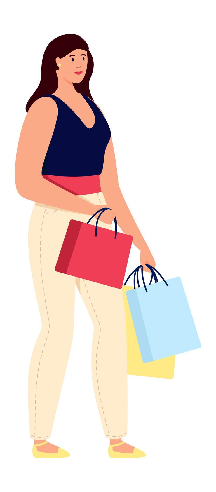 Vetor mulher carrega sacolas de compras. cliente feliz à venda. ilustração vetorial