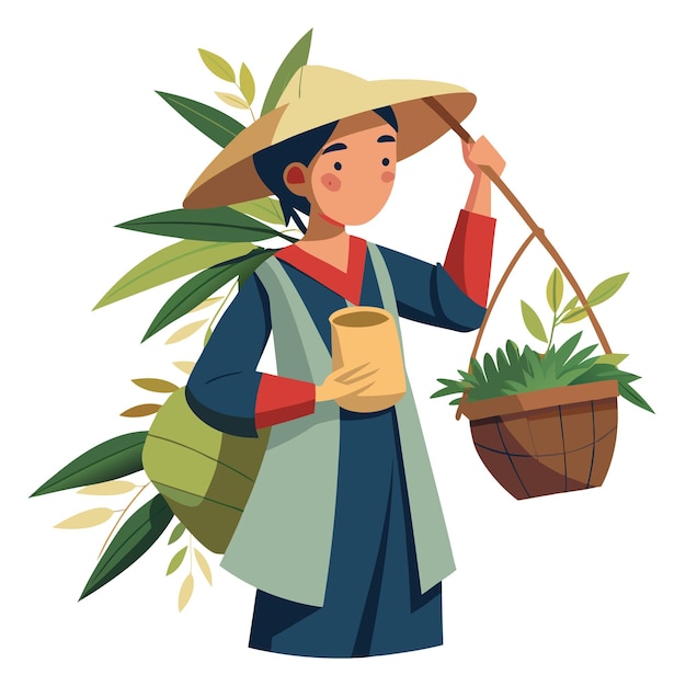 Mulher carregando balde de bambu e colhendo folhas de chá, cena agrícola tradicional