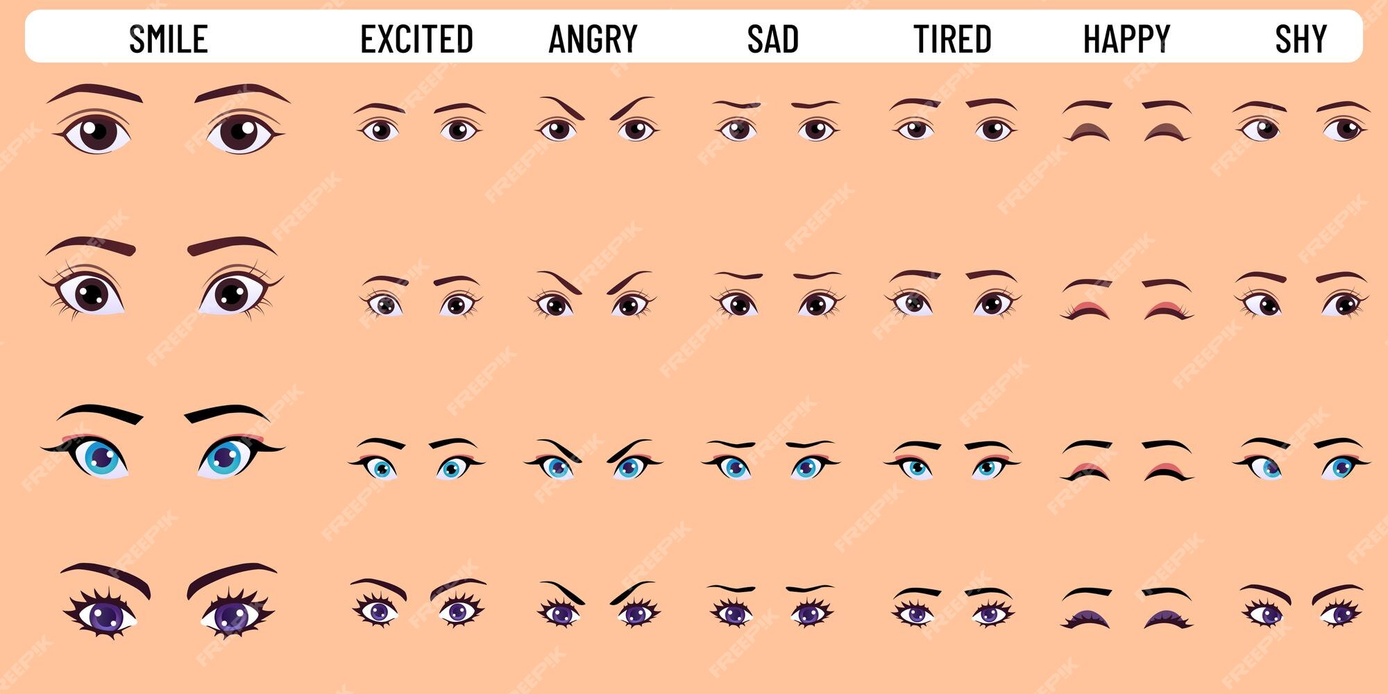 Coleção de esboços de olhos com diferentes emoções no estilo japonês.