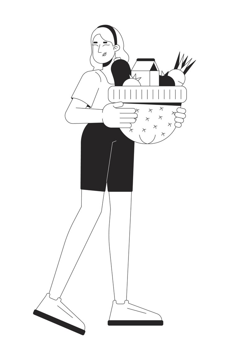 Vetor mulher caucasiana carregando chapéu com produtos alimentares personagem de desenho animado em linha 2d preto e branco