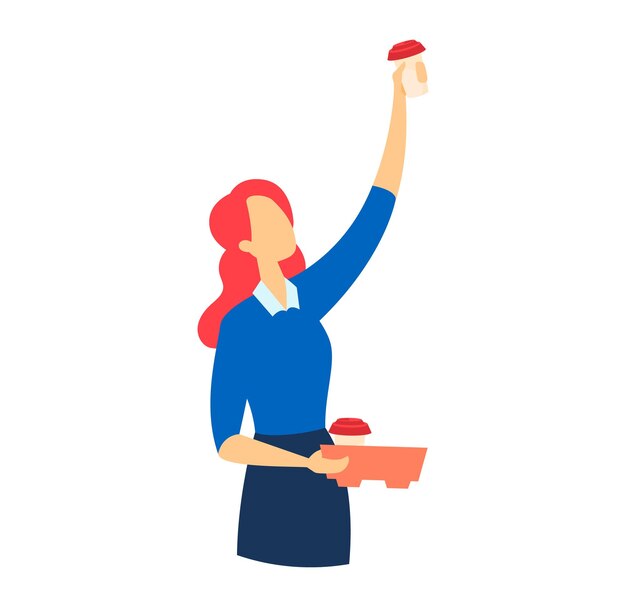Vetor mulher caucasiana garçom servindo café cabelo vermelho uniforme azul trabalhador de restaurante carregando uma bandeja com