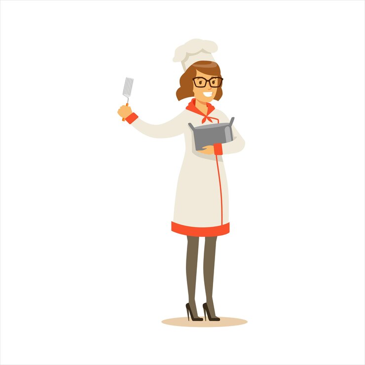 Vetor mulher chef de cozinha profissional trabalhando no restaurante vestindo uniforme tradicional clássico com pote e espátula personagem de desenho animado