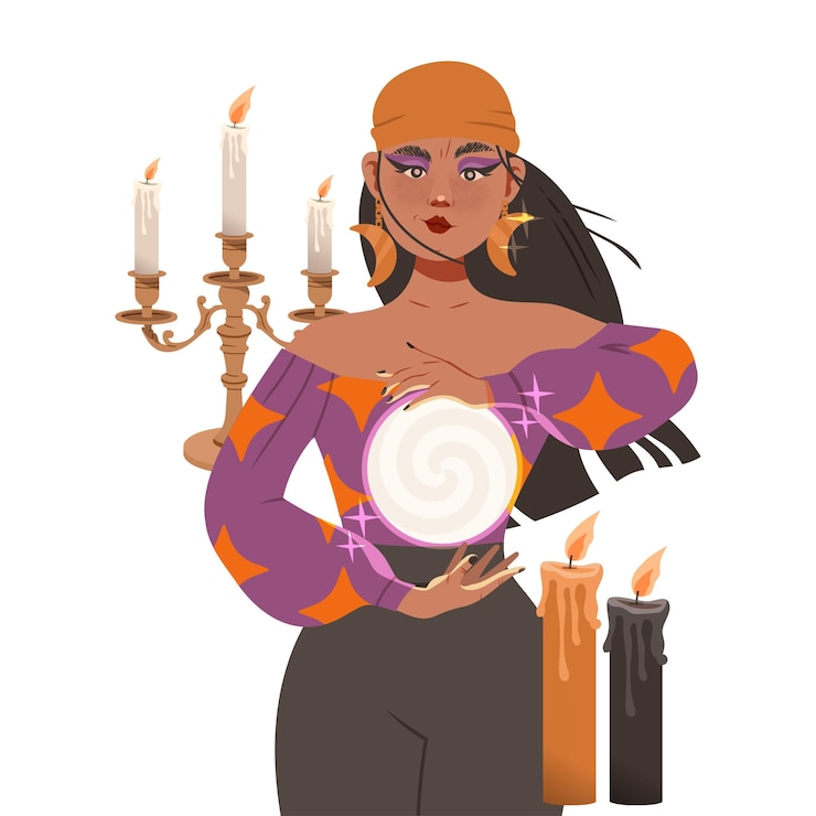 Vetor mulher cigana como adivinha com bola de cristal prevendo o futuro ou realizando ilustração vetorial ritual oculto