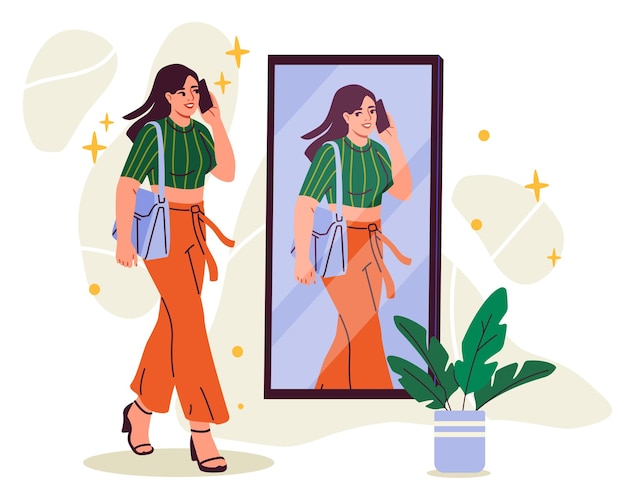 Mulher com arrogância jovem garota perto do espelho olhar para o seu reflexo emoções positivas auto-optimismo