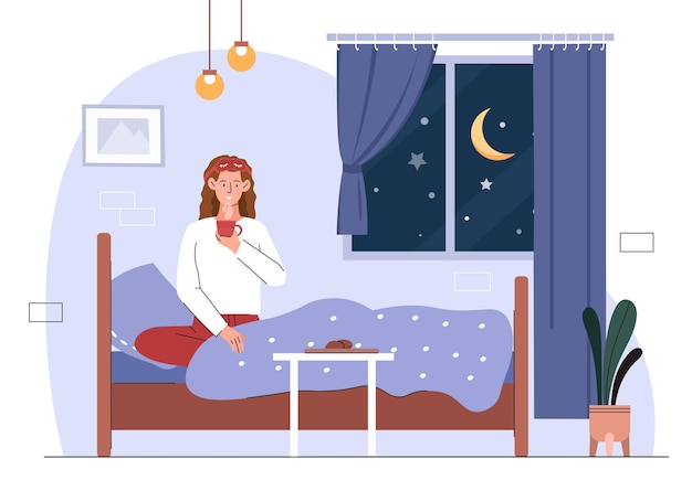 Mulher com bebida quente à noite conceito jovem menina na cama com biscoitos de chocolate e chá ou café sobremesa e delicadeza saboroso líquido e bebida cartoon ilustração vetorial plana