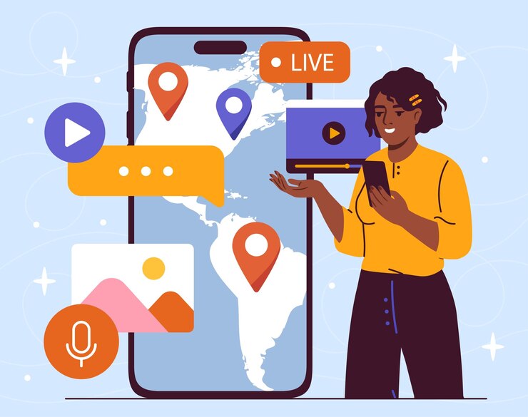 Vetor mulher com blog de viagens menina com smartphone olhando para informações de mapas do mundo para viajantes e