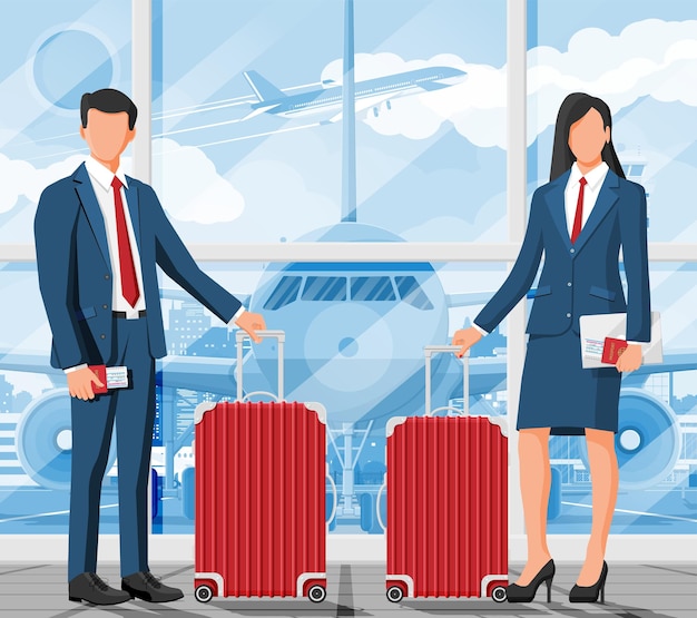 Mulher com bolsa de viagem turista com passagem de passaporte de mala passagem de embarque no aeroporto empresário com bagagem mulher de negócios e homem com ilustração vetorial plana de voo de negócios de bagagem
