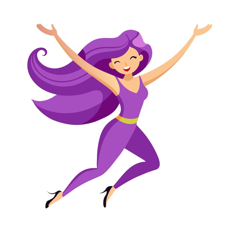 Vetor mulher com cabelo roxo dançando e celebrando ilustração vetorial plana