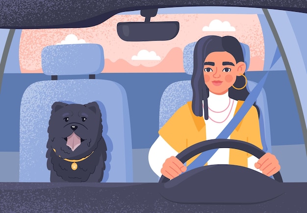 Mulher com cachorro dirigindo