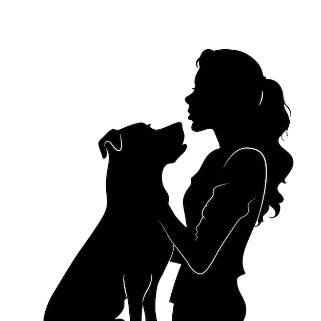 Mulher com cachorro mulher beijando cachorro amor animal de estimação conceito vetor silhueta