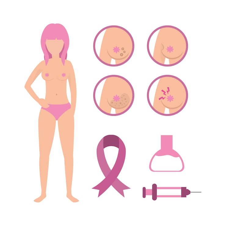 Vetor mulher, com, câncer peito, doença, e, tratamento