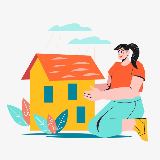 Vetor mulher com casa para compra de imóveis ou conceito de hipoteca vetor plano isolado