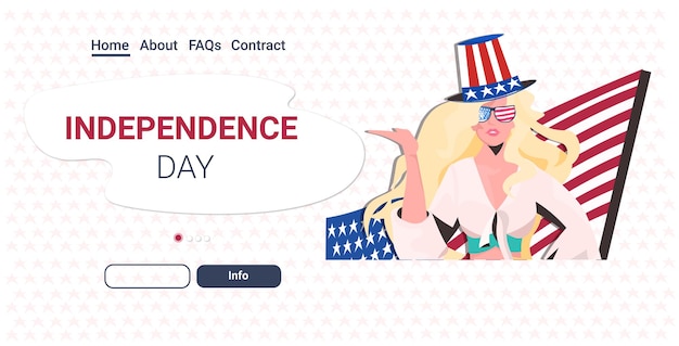mulher com chapéu festivo com bandeira dos EUA comemorando, página inicial de celebração do dia da independência americana em 4 de julho