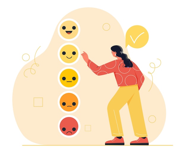 Mulher com conceito de pensamento positivo jovem escolhe emoções e sentimentos psicologia e personagem de saúde mental com positividade e otimismo cartoon ilustração vetorial plana