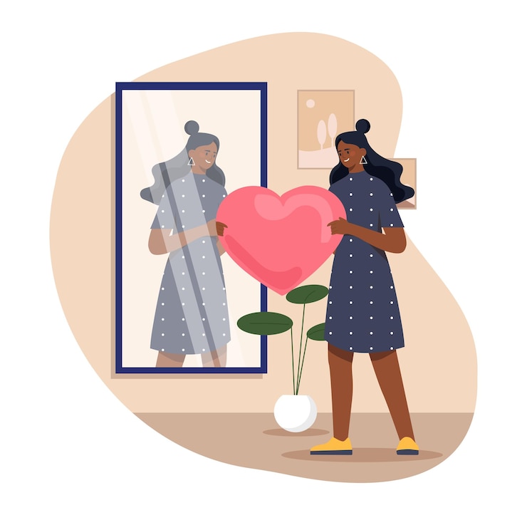 Vetor mulher com coração perto do espelho, jovem com amor próprio e aceitação, alta auto-estima positiva e