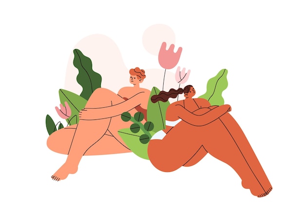 Mulher com corpo nu em cueca. casal feminino nu em biquíni sentado entre flores na natureza. saúde da mulher, conceito de ginecologia. ilustração em vetor plana de namoradas isoladas no fundo branco