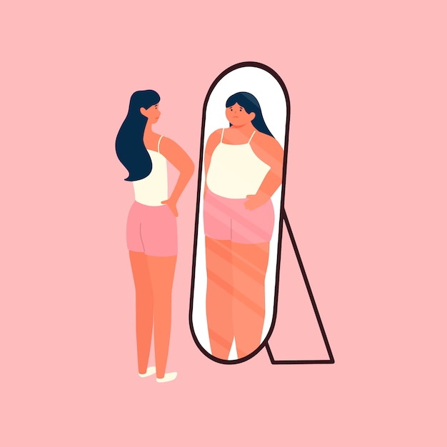 mulher com corpos ideais, olhando-se no espelho e se sentir insegura e gorda ilustração do personagem humano