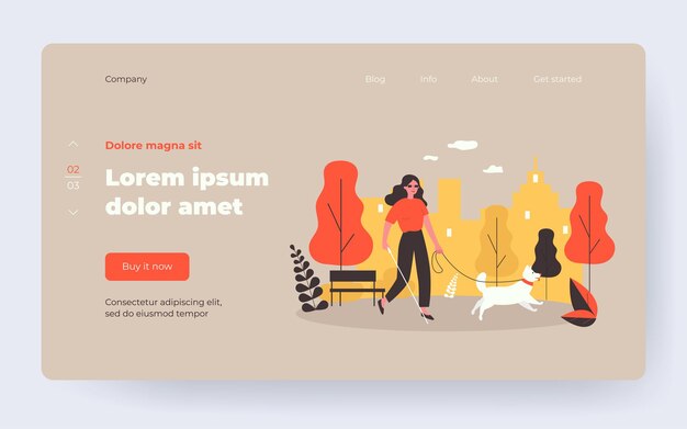 Mulher com deficiência andando com cão-guia. Pessoa cega com bengala em ilustração em vetor plana parque da cidade. Deficiência, animais de companhia, conceito de terapia para banner, design de site ou página de destino