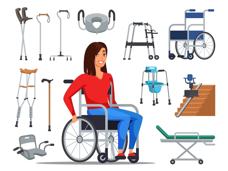 Vetor mulher com deficiência dos desenhos animados, sentada na cadeira de rodas e diferentes aparelhos de mobilidade.