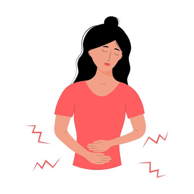 Vetor mulher com dor abdominal menstruação dolorosa apendicite cólicas menstruais diarréia