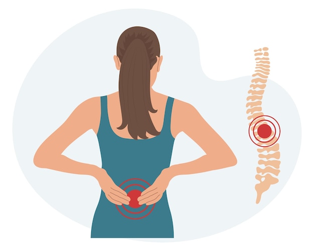 Vetor mulher com dor nas vértebras cervicais e lombares dor nas costas dor muscular osteoartrite