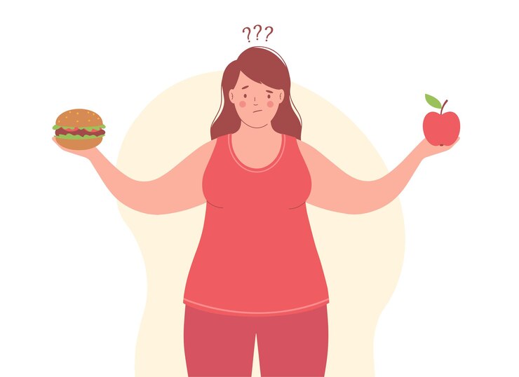 Vetor mulher com excesso de peso faz escolha entre alimentos saudáveis e não saudáveis mulher segura uma maçã em uma mão e hambúrguer em outra perda de peso e conceito de comida saudável