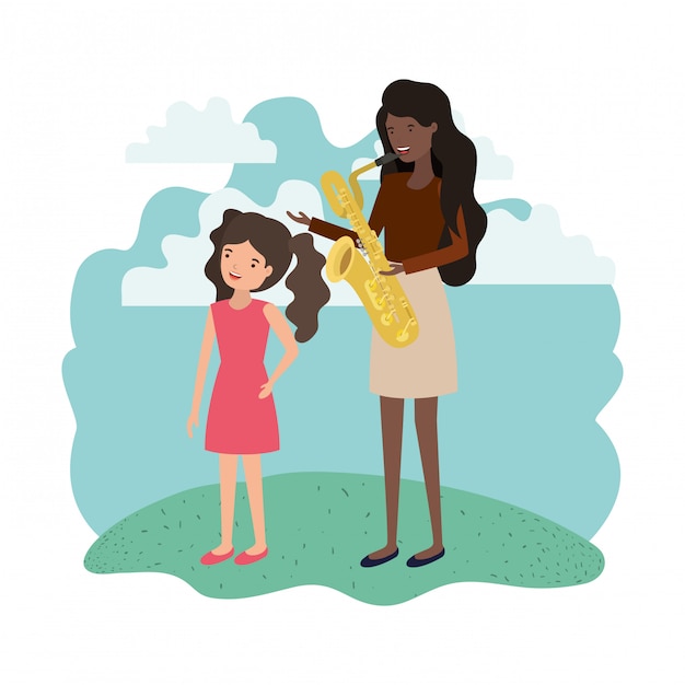Vetor mulher, com, filha, e, saxophone, avatar, personagem