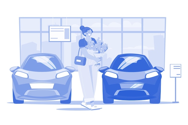 Mulher com flores numa loja de automóveis