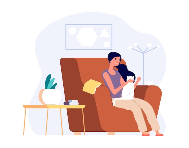 Mulher com gato. Menina relaxada na aconchegante sala de estar e acariciando o gatinho. Auto-isolamento, introversão ou vida de solteiro. Mulher com bebida de estimação, café, ilustração vetorial. Cadeira aconchegante para mulher com gato