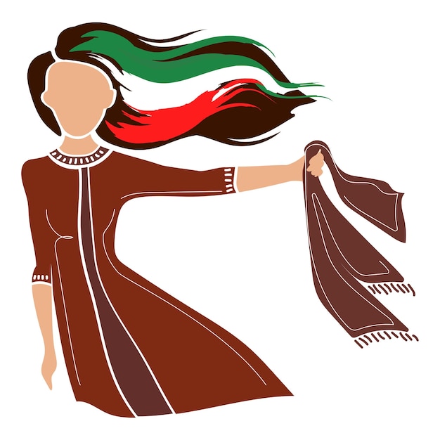 Mulher com hijab na mão e cabelo solto com vetor de bandeira do irã. cartaz contra o uso do hijab.