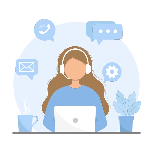 Mulher com laptop com fones de ouvido e microfone Personagem de desenho animado estilo simples