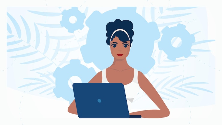 Vetor mulher com laptop conceito de trabalho, educação e compras vetor em estilo cartoon