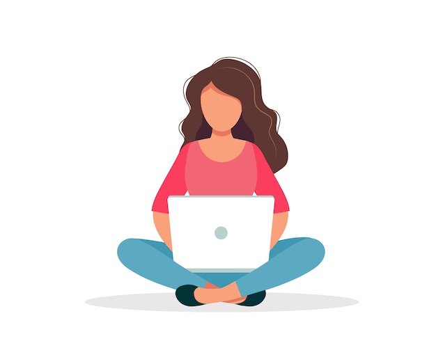 Vetor mulher, com, laptop, sentando, isolado