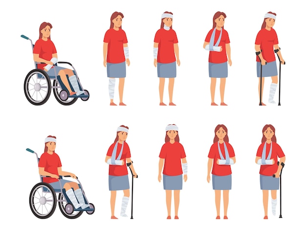 Mulher com lesão Personagem feminina com cadeira de rodas, bandagem na cabeça, braços, muletas e suporte nas pernas Set de ilustrações vetoriais de desenho animado de gerenciamento de lesões