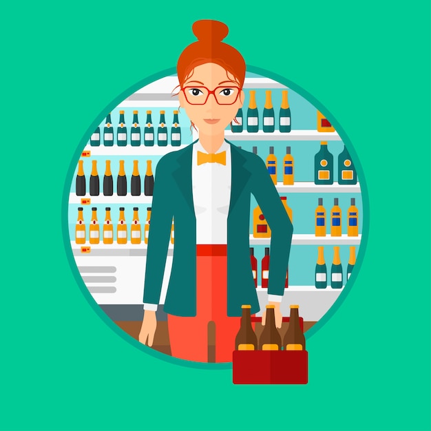 Mulher com maço de cerveja no supermercado.