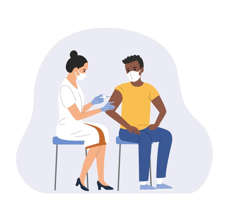 Mulher com máscara facial sendo vacinada contra Covid-19. Ilustração vetorial
