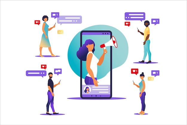 Mulher com megafone na tela do celular e os jovens ao seu redor. ilustração plana com personagens - influencie os serviços e produtos de promoção do blogger para seus seguidores online.