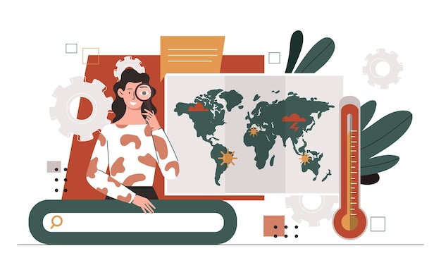 Mulher com meteorologia menina com lupa perto do mapa do mundo mudanças climáticas meteorologista