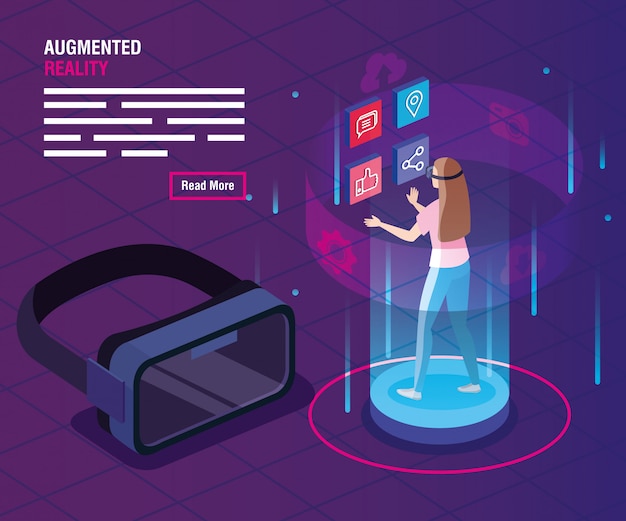 Vetor mulher com óculos de realidade aumentada e design de ilustração vetorial de smartphone