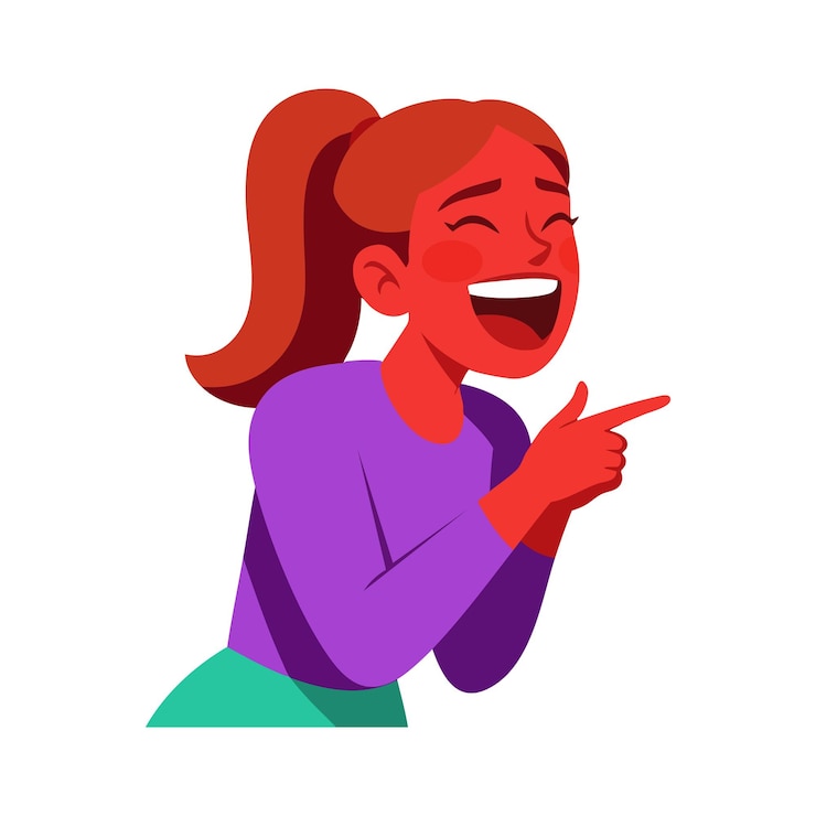Vetor mulher com pele vermelha rindo e apontando o dedo em top roxo e saia teal ilustração vetorial