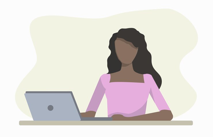 Vetor mulher com portátil. conceito de escritório em casa. ilustração vetorial para cartões, cartazes, panfletos, teias.