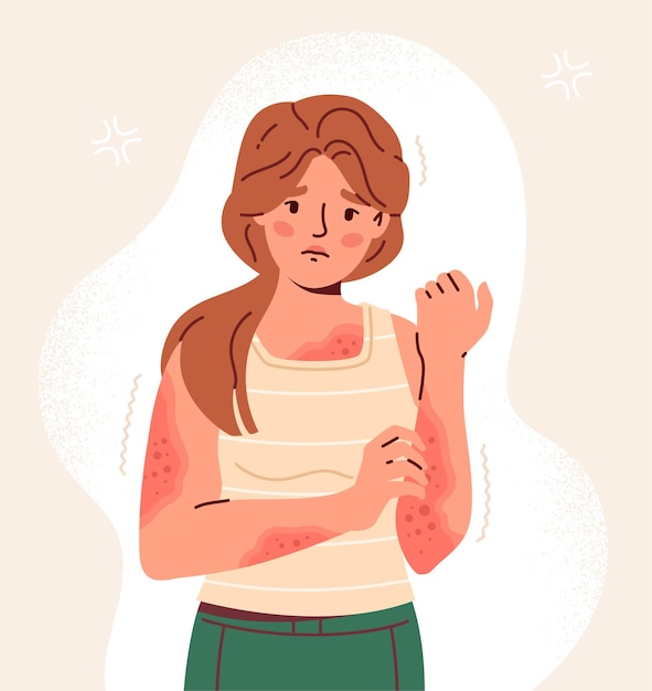 Mulher com problema de pele, jovem, apertando a mão, acne e alergia, cuidados de saúde e remédios
