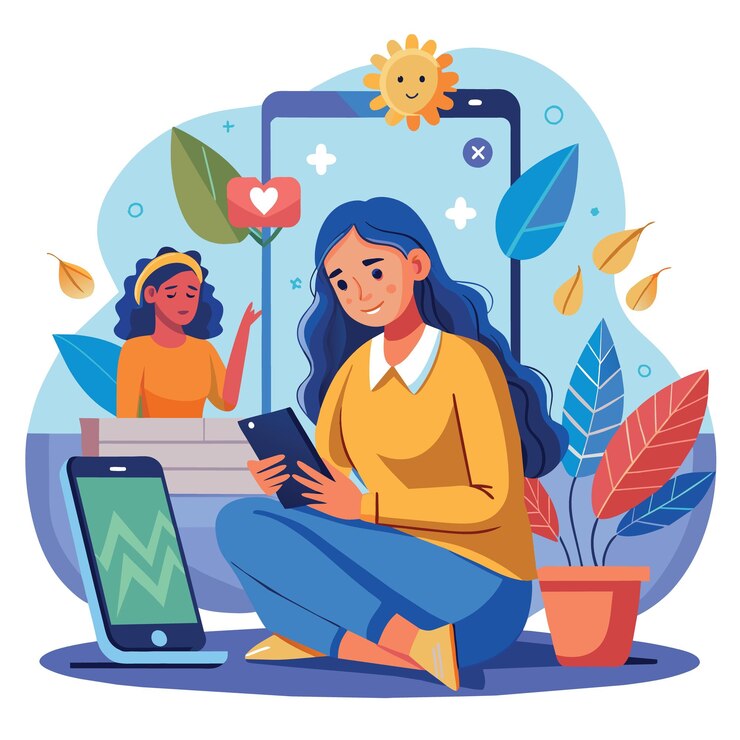 Vetor mulher com problemas de saúde mental tem sessão de psicoterapia on-line usando seu smartphone