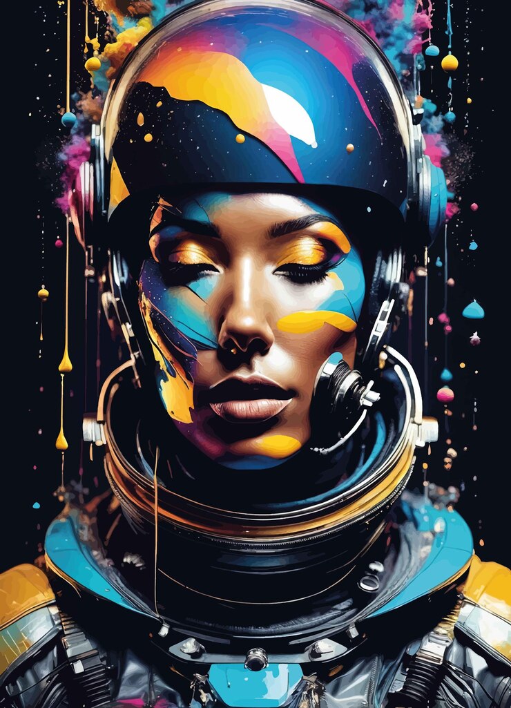 Vetor mulher com rosto cósmico colorido e espaço abstrato
