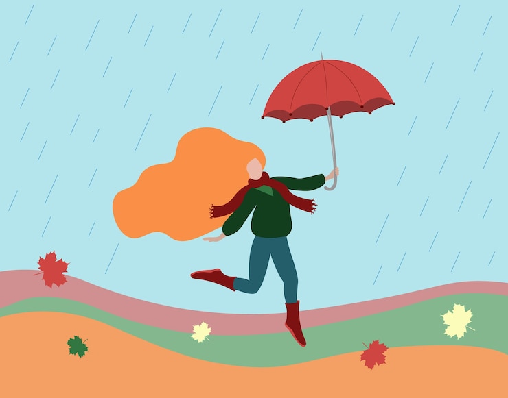 Vetor mulher com roupas de outono com guarda-chuva. está chovendo.