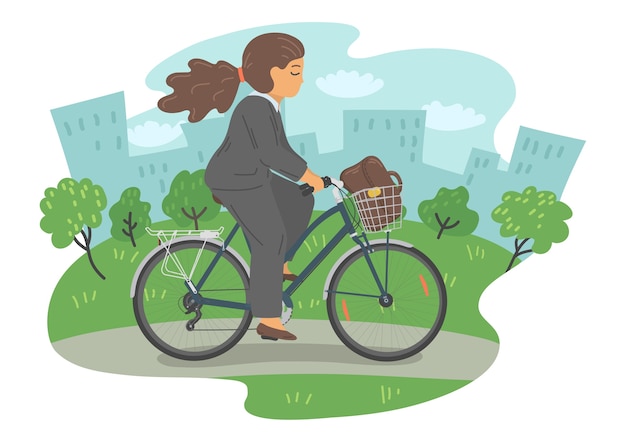 Mulher com roupas formais na bicicleta com cesto. Mulher de negócios com bolsa de ciclismo no parque da cidade.