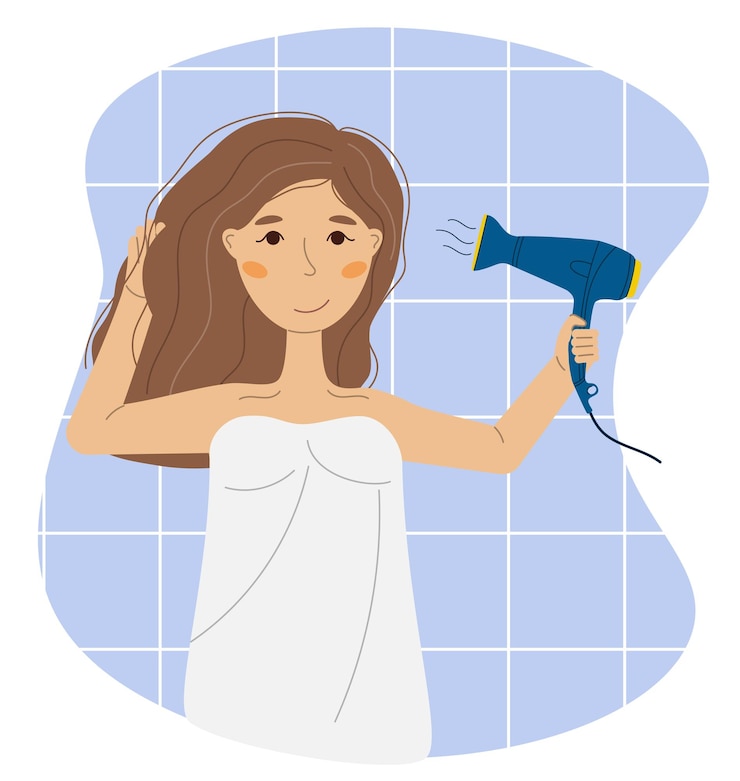 Vetor mulher com secador de cabelo na casa de banho cuidado do cabelo procedimento cosmético higiene diária ilustração vetorial